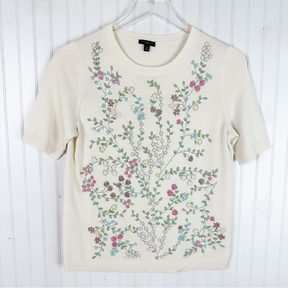 TALBOTS FLORAL BEADED COTTON SWEATER SMALL PETITE